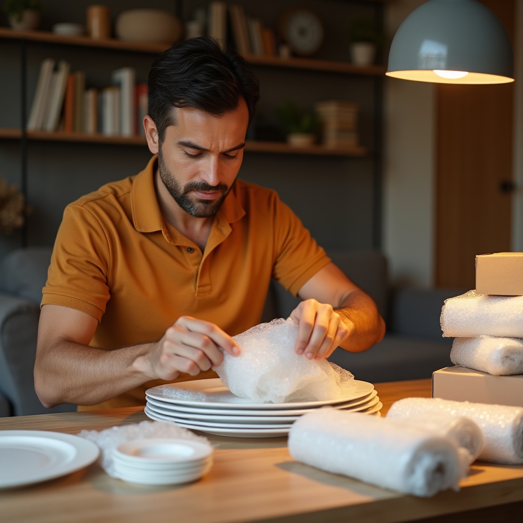 Profesional embalando objetos frágiles con material adecuado